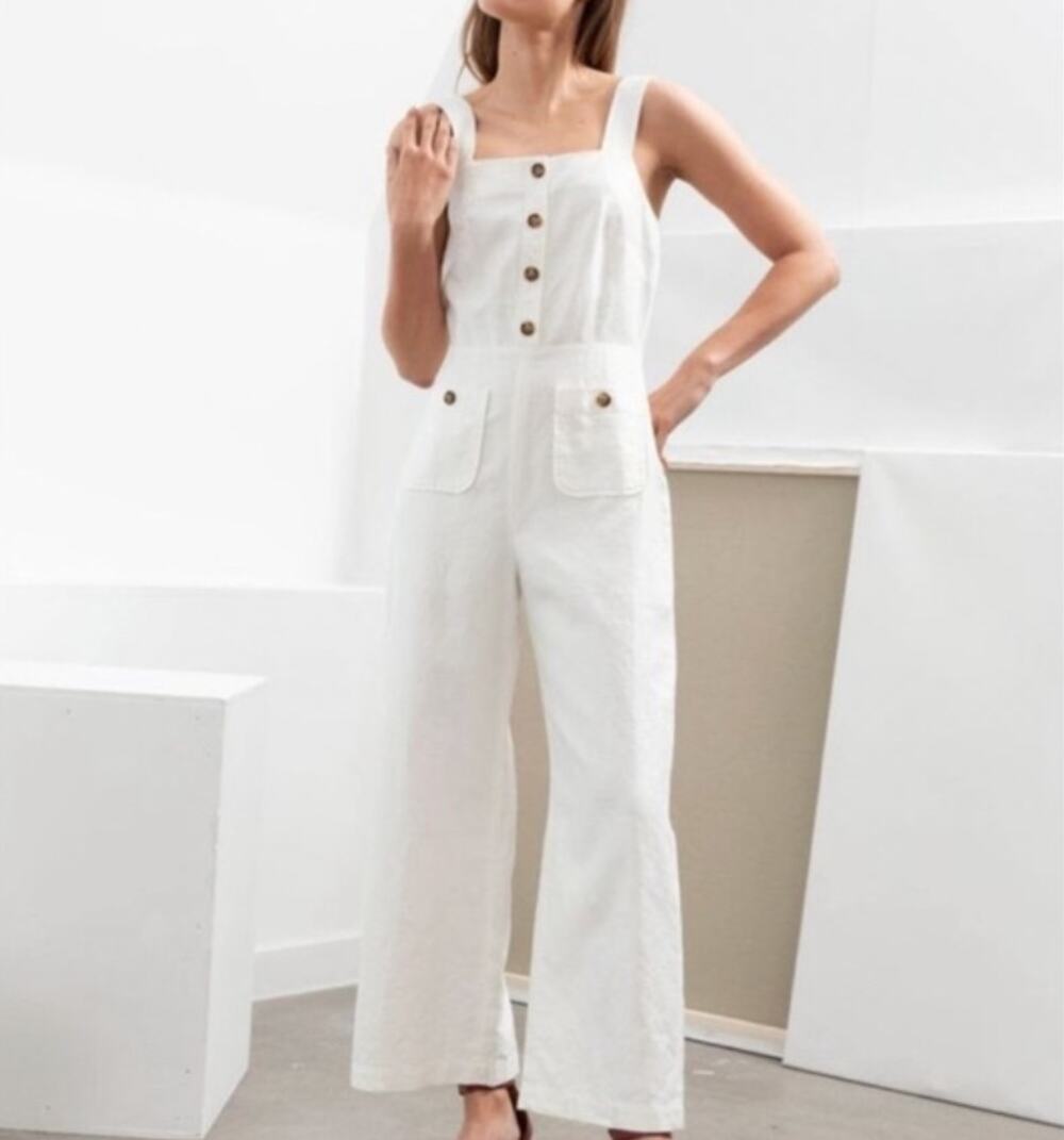 & OTHER STORIES Linen Blend Wide Leg Jumpsuit Oatmeal Cream 2